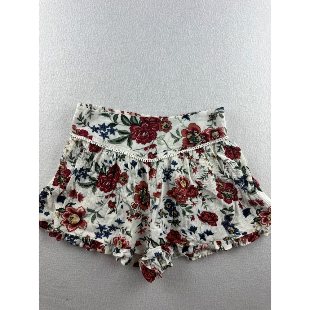 American Eagle Floral Flowy Shorts Cream Red Smocked Waist Pom Pom Trim Small